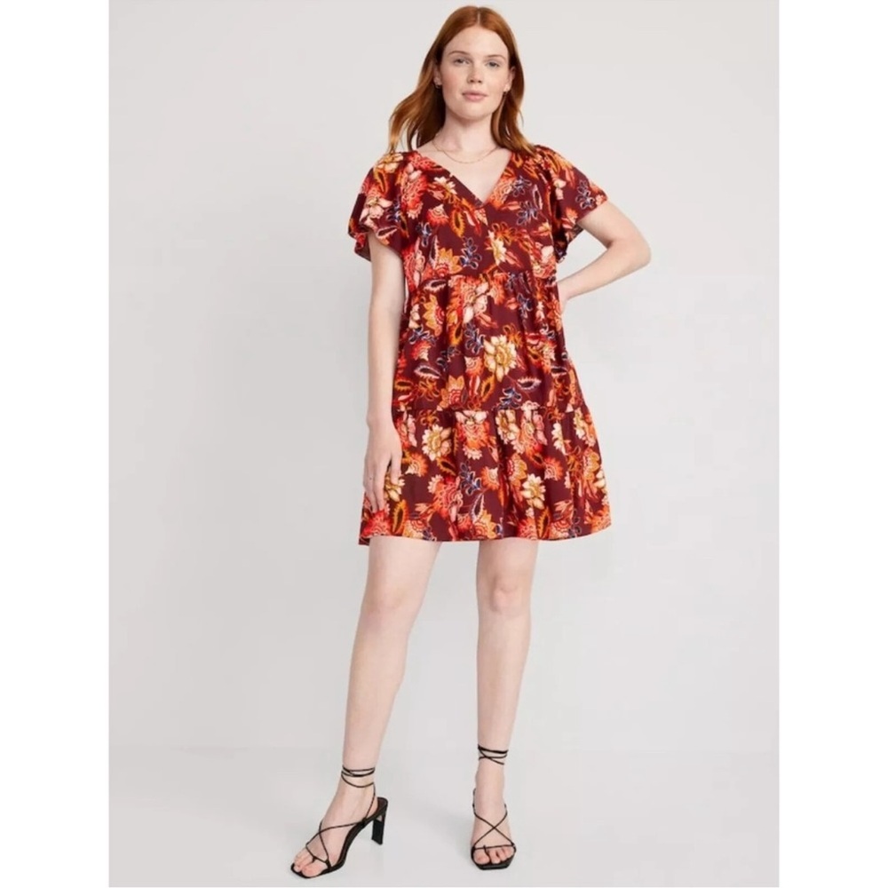 Old Navy V-Neck Tiered Mini Swing Dress Size S Red Wine Floral Boho Festival